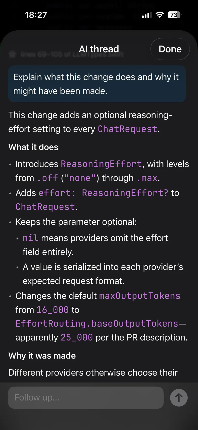 An Ask AI thread in Nit explaining what a selected change does and why it was made