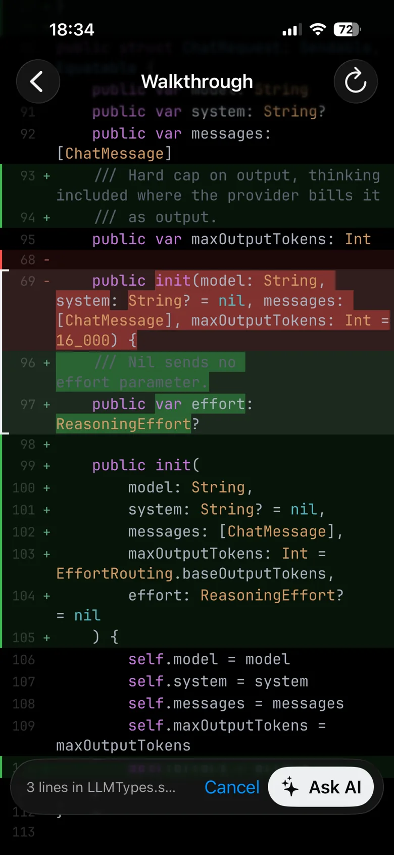 A syntax-highlighted diff in Nit with three lines selected and Ask AI in the floating bar