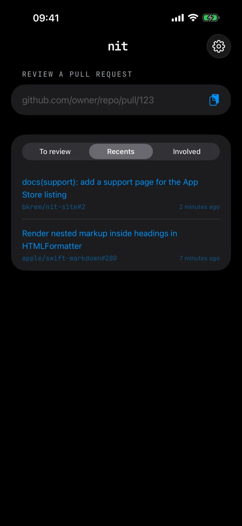 Nit's home screen with a URL field and an inbox of recent pull requests