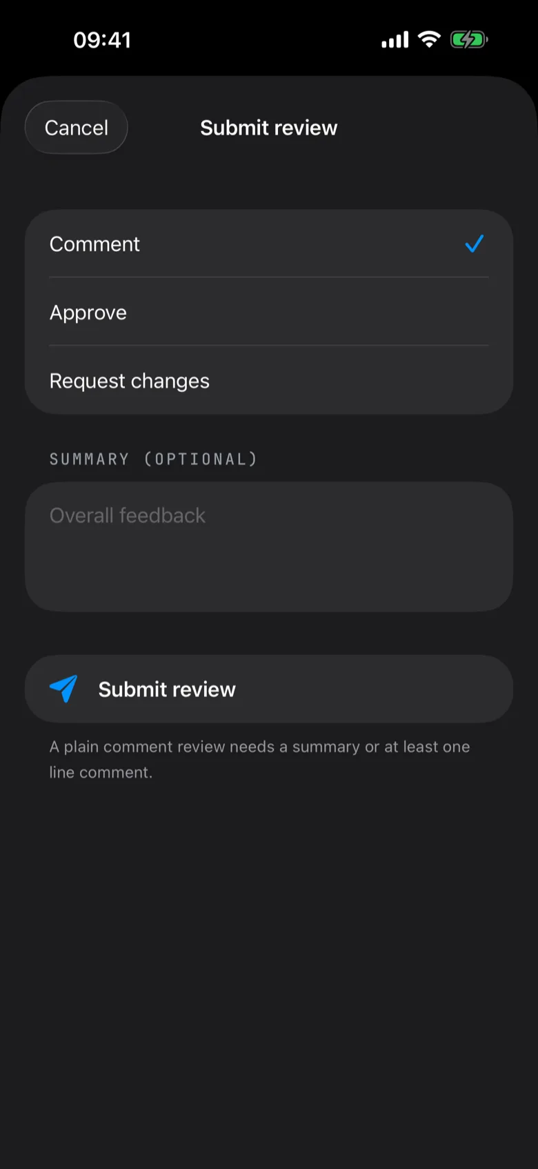 Nit's submit review sheet with Comment, Approve, and Request changes