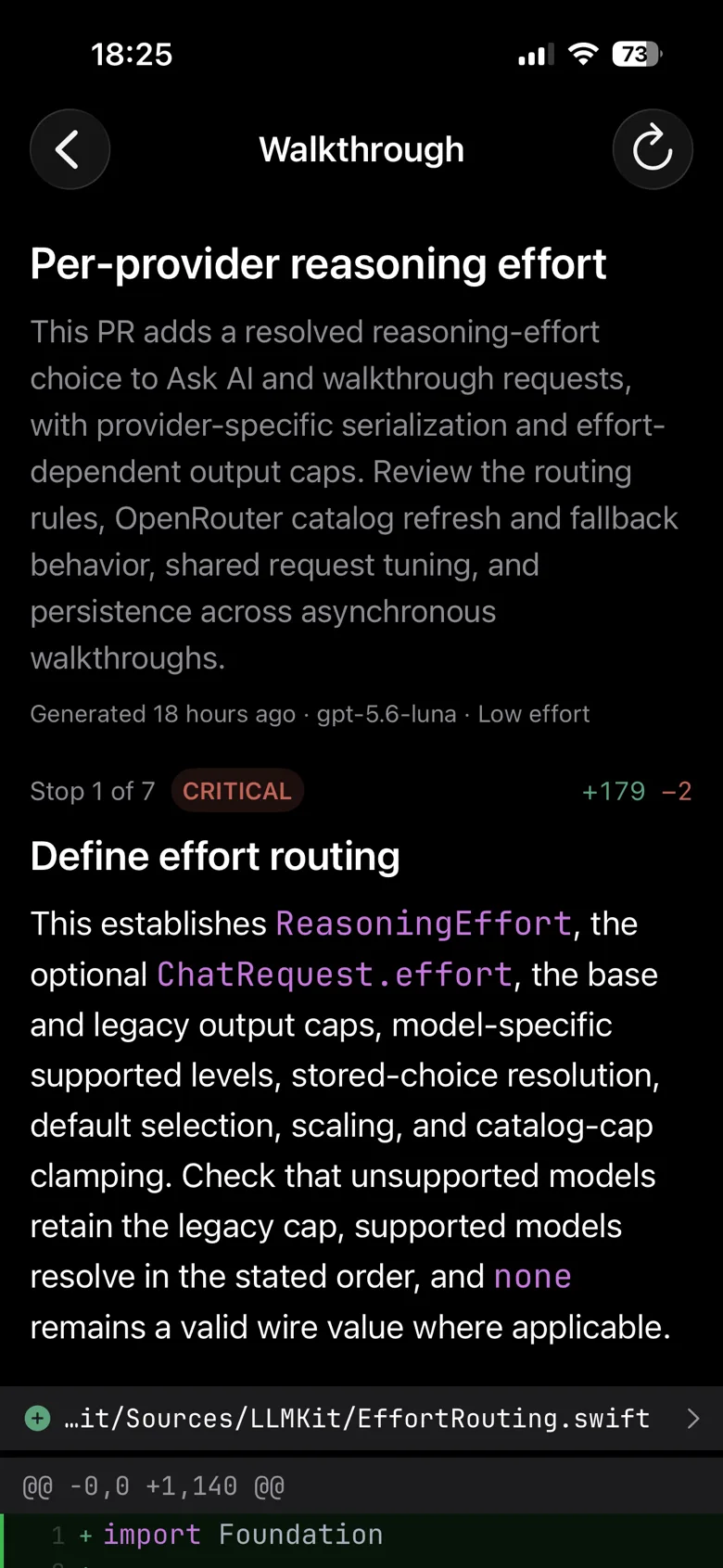 A generated walkthrough in Nit: a PR summary, then stop 1 of 7 marked critical with its narrated explanation above the diff